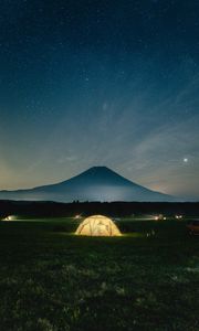 Preview wallpaper camping, tent, mountains, night, glow