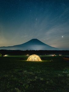 Preview wallpaper camping, tent, mountains, night, glow