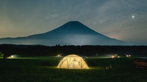 Preview wallpaper camping, tent, mountains, night, glow