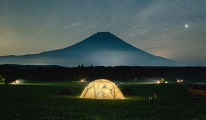 Preview wallpaper camping, tent, mountains, night, glow