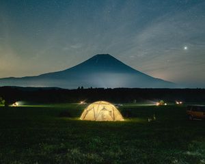 Preview wallpaper camping, tent, mountains, night, glow