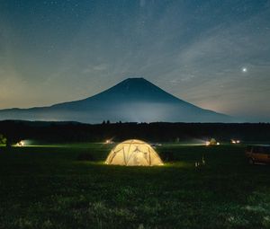 Preview wallpaper camping, tent, mountains, night, glow