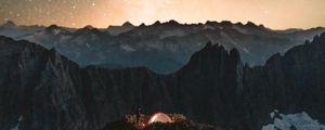 Preview wallpaper camping, tent, starry sky, stars, rocks