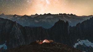 Preview wallpaper camping, tent, starry sky, stars, rocks