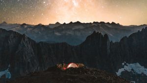 Preview wallpaper camping, tent, starry sky, stars, rocks