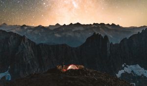 Preview wallpaper camping, tent, starry sky, stars, rocks