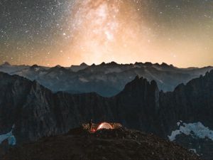 Preview wallpaper camping, tent, starry sky, stars, rocks