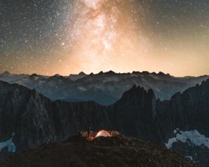 Preview wallpaper camping, tent, starry sky, stars, rocks