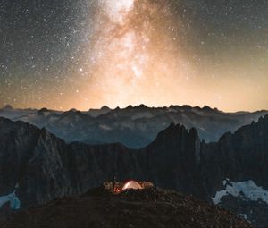 Preview wallpaper camping, tent, starry sky, stars, rocks