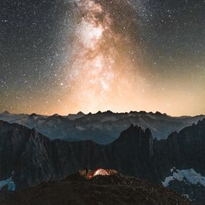 Preview wallpaper camping, tent, starry sky, stars, rocks