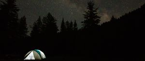 Preview wallpaper camping, tent, trees, spruce, starry sky, stars