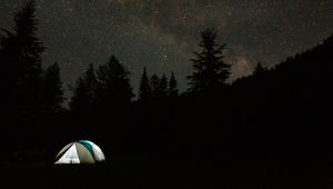 Preview wallpaper camping, tent, trees, spruce, starry sky, stars