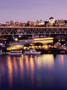 Preview wallpaper canada, vancouver, city, bridge, pier, boat