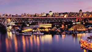 Preview wallpaper canada, vancouver, city, bridge, pier, boat