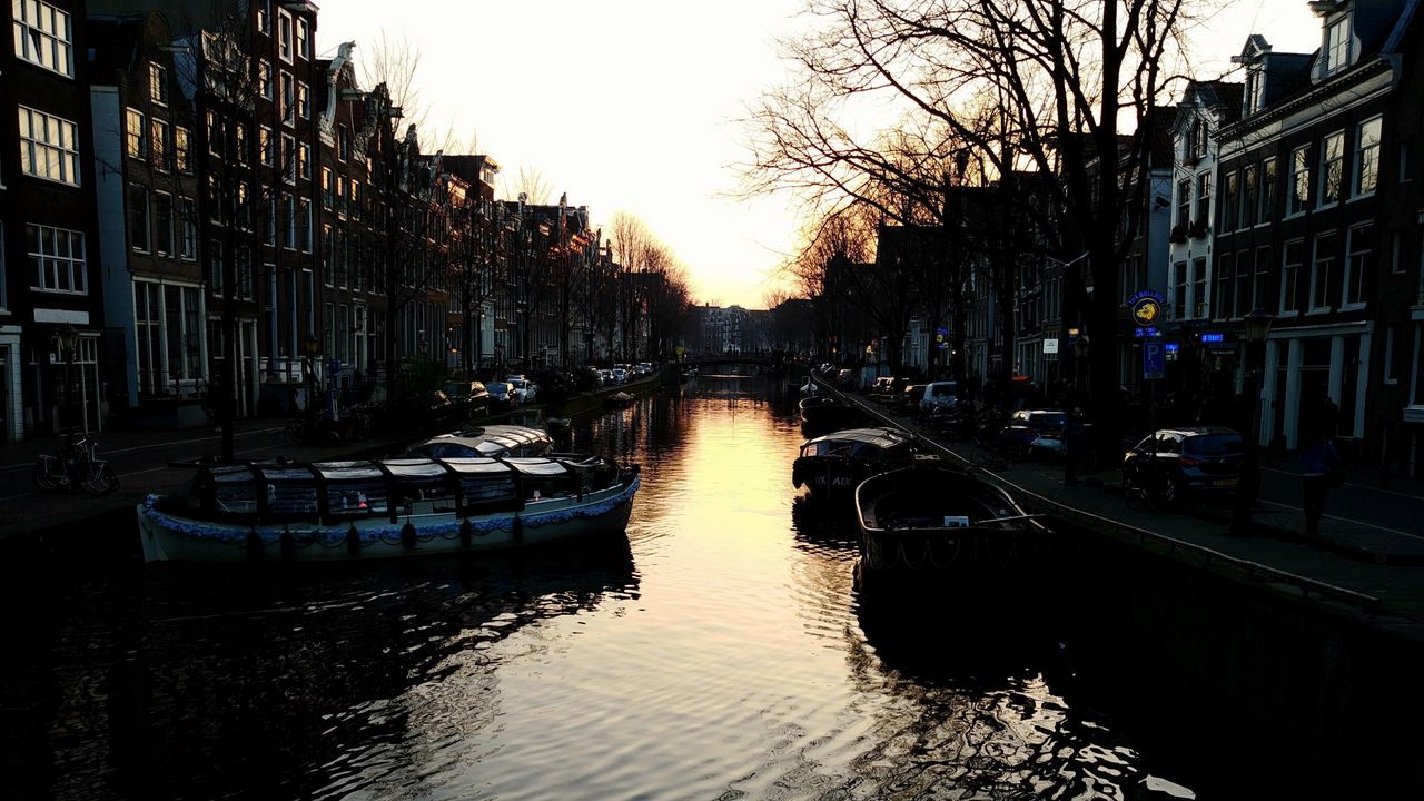 Wallpaper canal, boats, sunset, amsterdam, buildings
