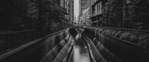 Preview wallpaper canal, bridge, buildings, black and white