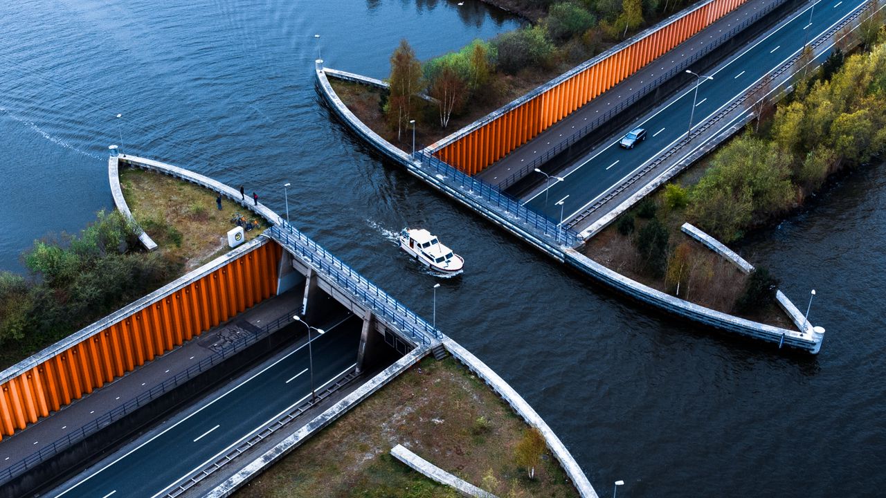 Wallpaper canal, river, boat, bridge, aerial view
