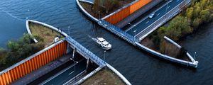 Preview wallpaper canal, river, boat, bridge, aerial view