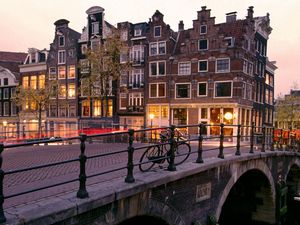 Preview wallpaper canal, sunrise, amsterdam, netherlands