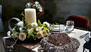 Preview wallpaper candle, bouquet, table, decoration, tableware