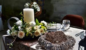 Preview wallpaper candle, bouquet, table, decoration, tableware