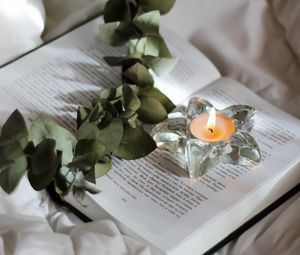 Preview wallpaper candle, branch, book