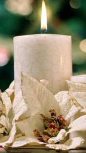 Preview wallpaper candle, flowers, fire, wax, white