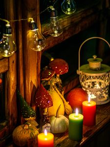 Preview wallpaper candle, garland, lamp, glow, autumn