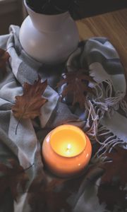 Preview wallpaper candle, leaves, autumn, fabric, flame