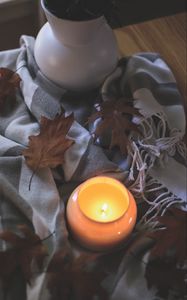 Preview wallpaper candle, leaves, autumn, fabric, flame