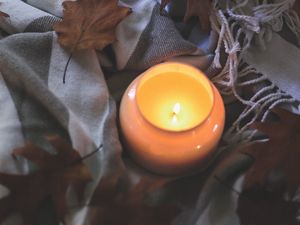 Preview wallpaper candle, leaves, autumn, fabric, flame