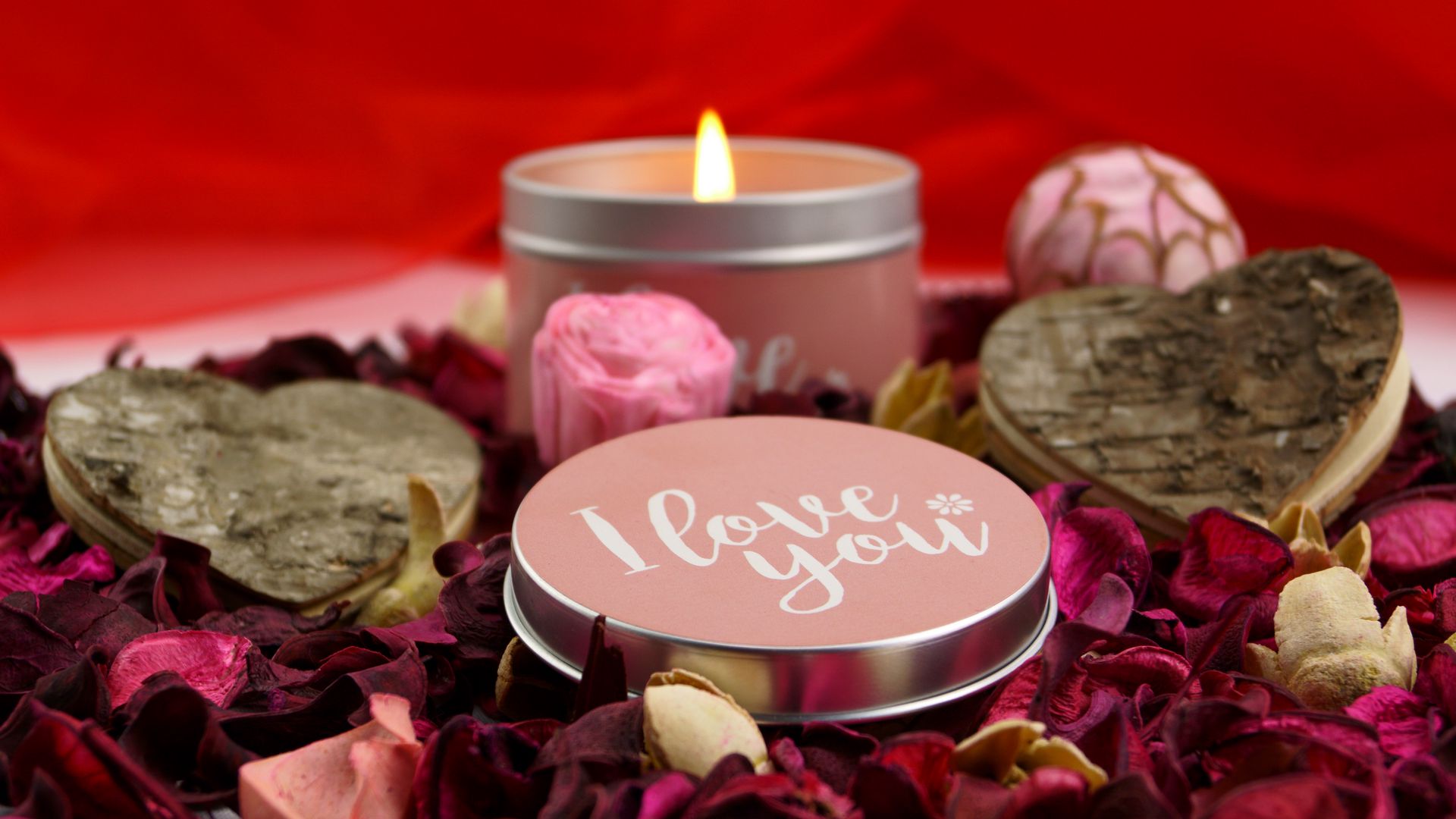 Download wallpaper 1920x1080 candle, love, inscription, petals full hd