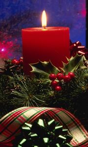 Preview wallpaper candle, needles, thread, christmas decorations, ribbon, holiday