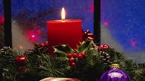 Preview wallpaper candle, needles, thread, christmas decorations, ribbon, holiday