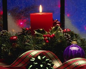 Preview wallpaper candle, needles, thread, christmas decorations, ribbon, holiday