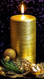Preview wallpaper candle, pine needles, toys, gold