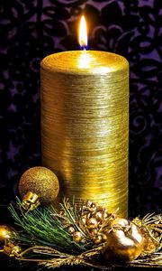 Preview wallpaper candle, pine needles, toys, gold