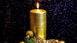 Preview wallpaper candle, pine needles, toys, gold