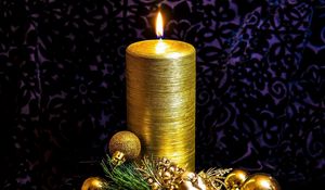 Preview wallpaper candle, pine needles, toys, gold