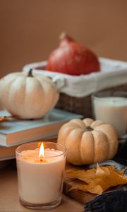 Preview wallpaper candle, pumpkin, leaf, books