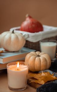 Preview wallpaper candle, pumpkin, leaf, books