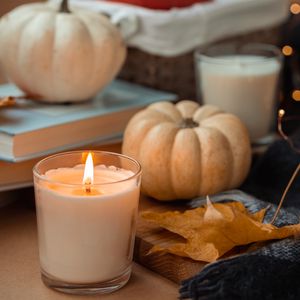 Preview wallpaper candle, pumpkin, leaf, books