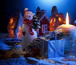 Preview wallpaper candle, snowman, gift, home, holiday, new year, christmas