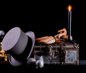 Preview wallpaper candle, suitcase, hat, retro, aesthetics
