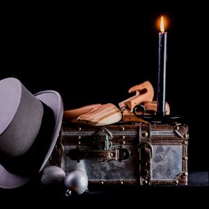 Preview wallpaper candle, suitcase, hat, retro, aesthetics