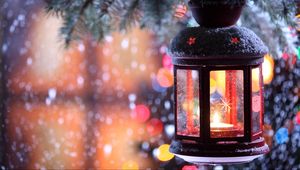 Preview wallpaper candle, torch, branch, snow, winter, snowflakes, christmas tree