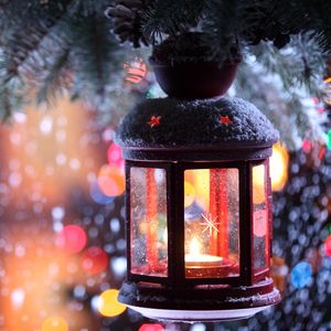 Preview wallpaper candle, torch, branch, snow, winter, snowflakes, christmas tree