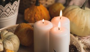 Preview wallpaper candles, flame, halloween, pumpkins, pine cones