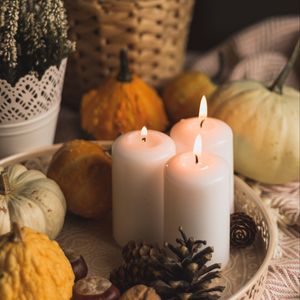 Preview wallpaper candles, flame, halloween, pumpkins, pine cones