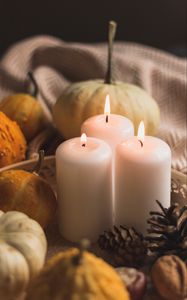 Preview wallpaper candles, flame, pumpkins, cones, cloth